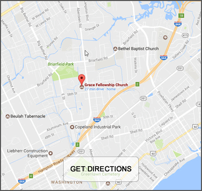Map for directions to Grace Fellowship Church, Hampton, VA